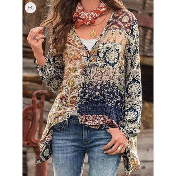 Artisan De Lux X Anthropologie Boho Paisley Asymmetrical Button Down Top - Picture 1 of 16